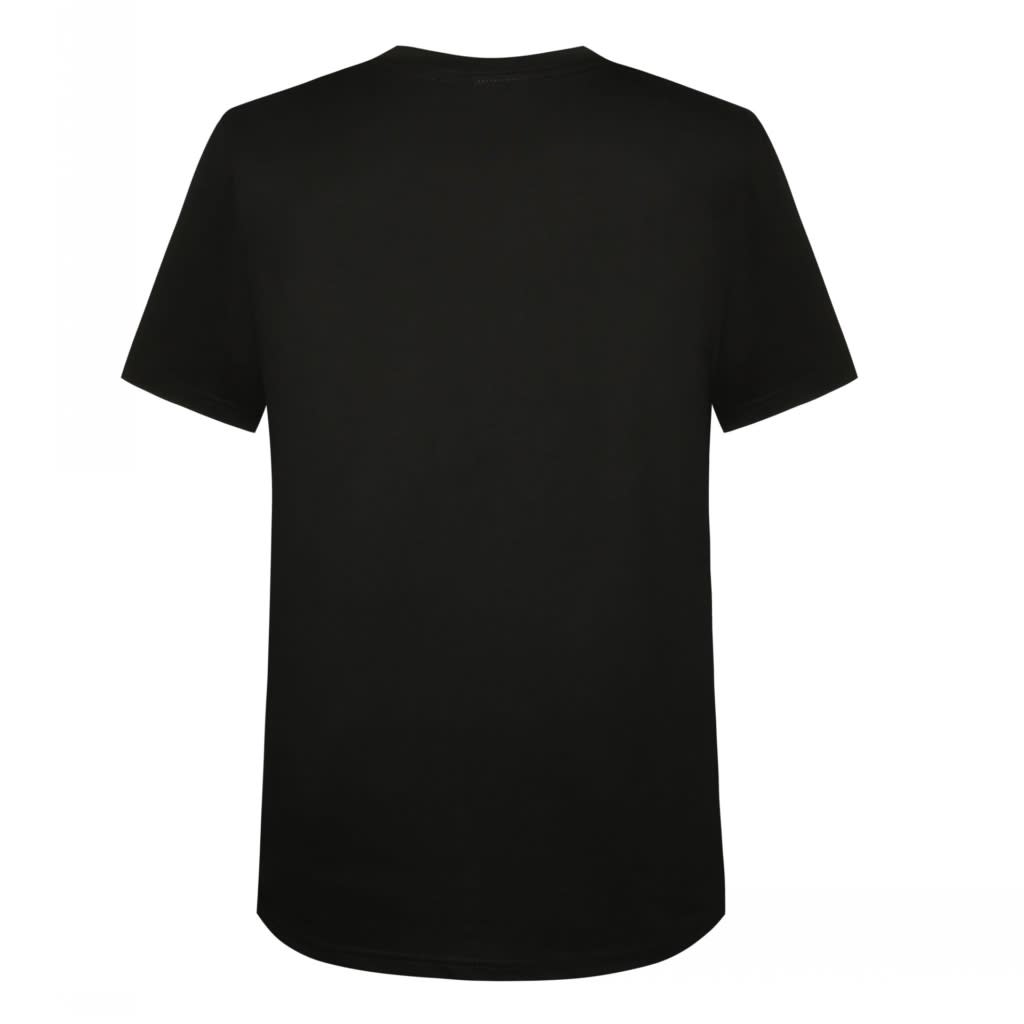A black cotton Hawaiian shirt with a smooth texture and a round neckline, featuring no visible designs on the back.