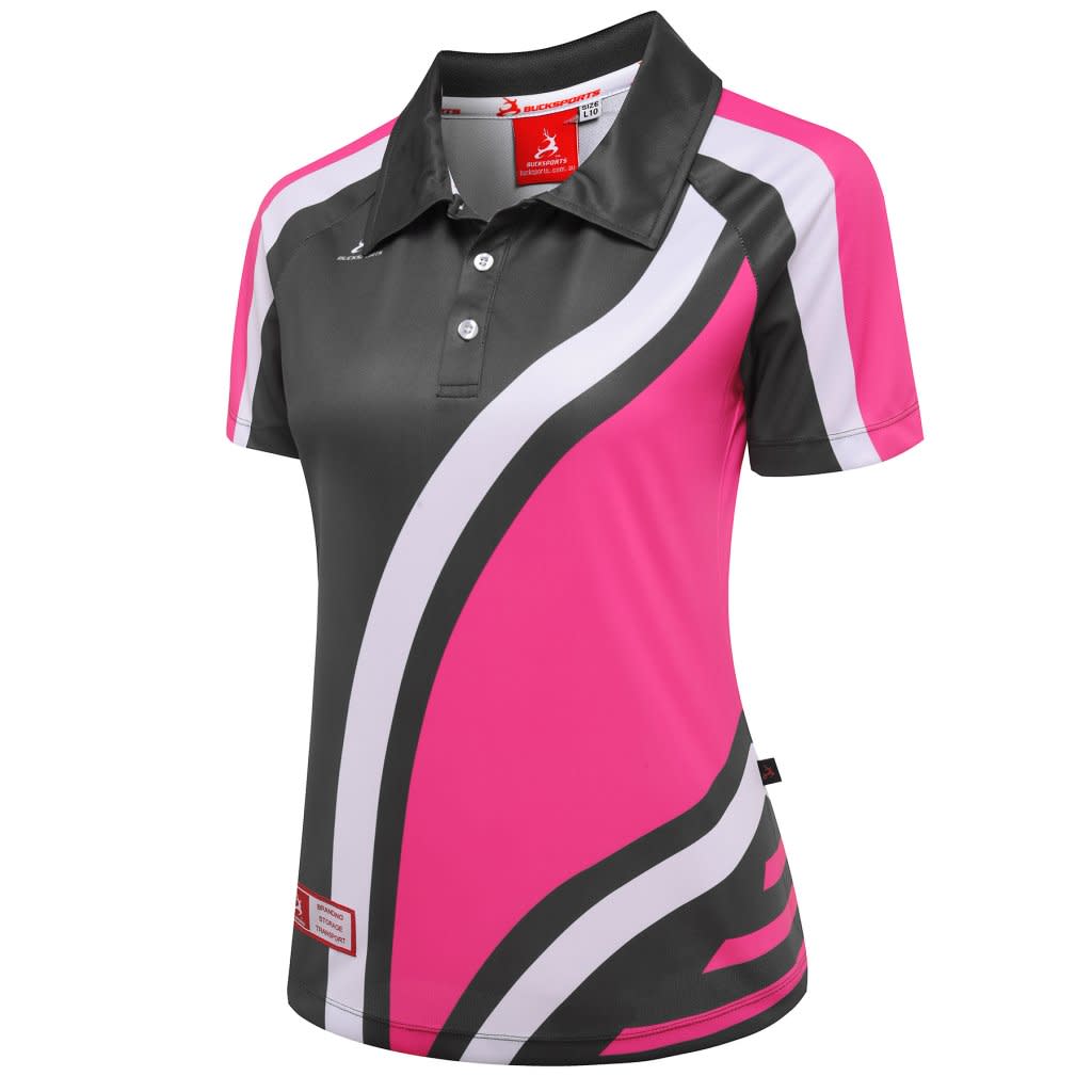 A sublimated polo shirt in black and pink with white accents, featuring a collar and buttons, along with a logo.