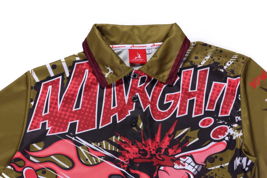 A customised motorcycle shirt featuring bold graphics in red, green, and black, with a collar and logo.