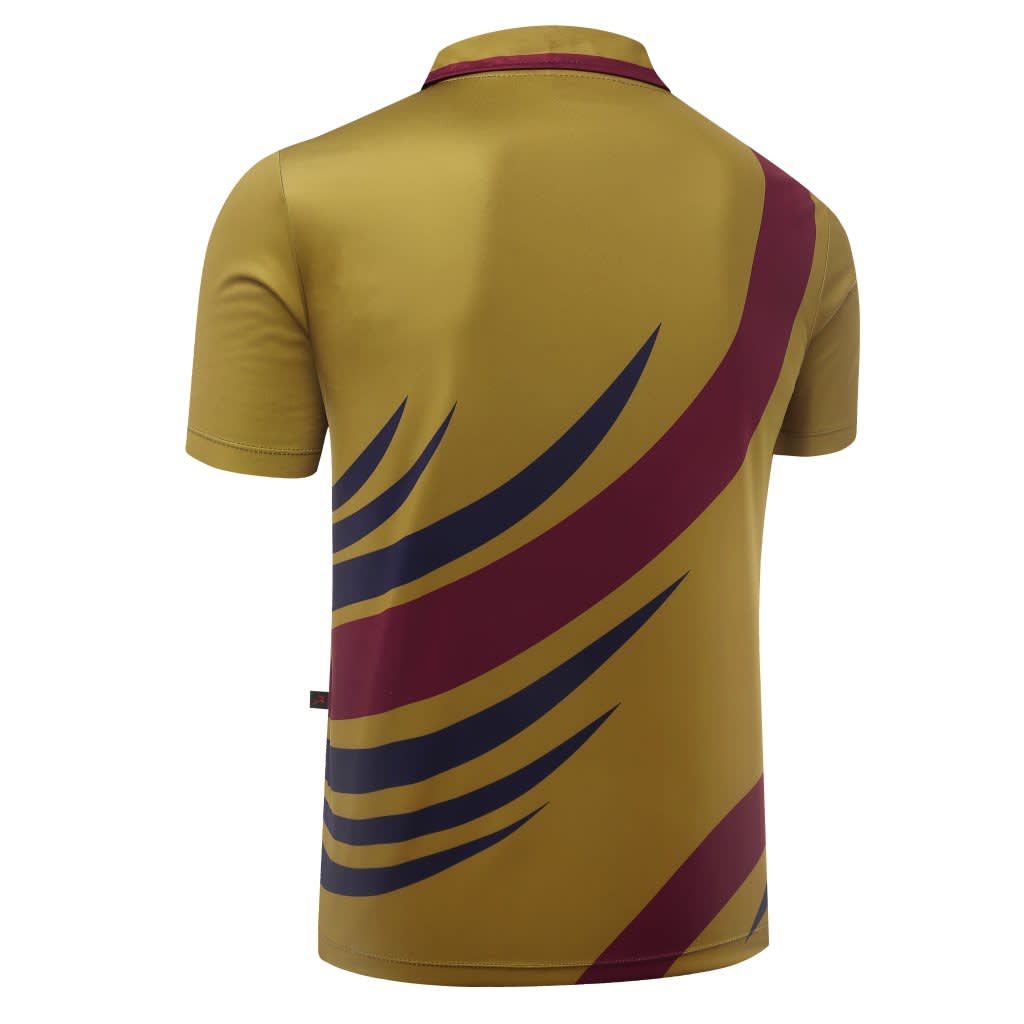 A yellow motorcycle apparel shirt featuring a bold red and dark blue design on the back, complete with a logo.