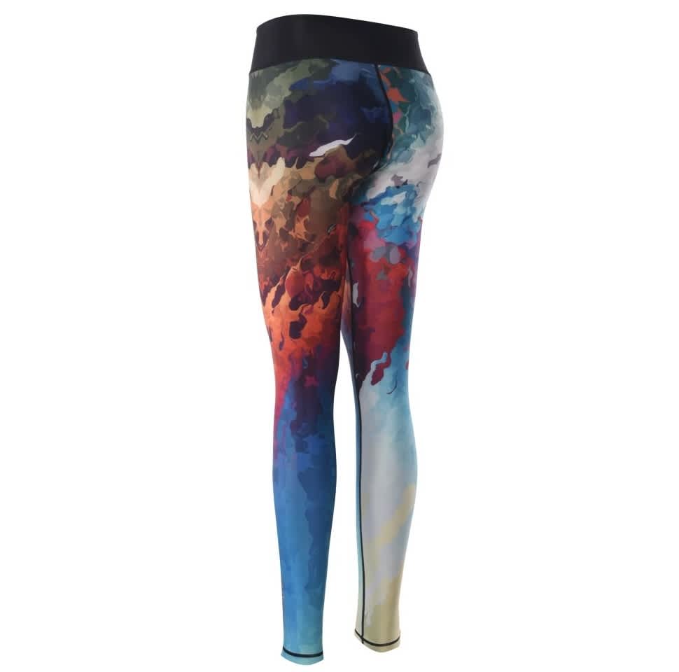Tight, colourful leggings featuring an abstract pattern in shades of blue, red, green, and beige, with a black waistband.