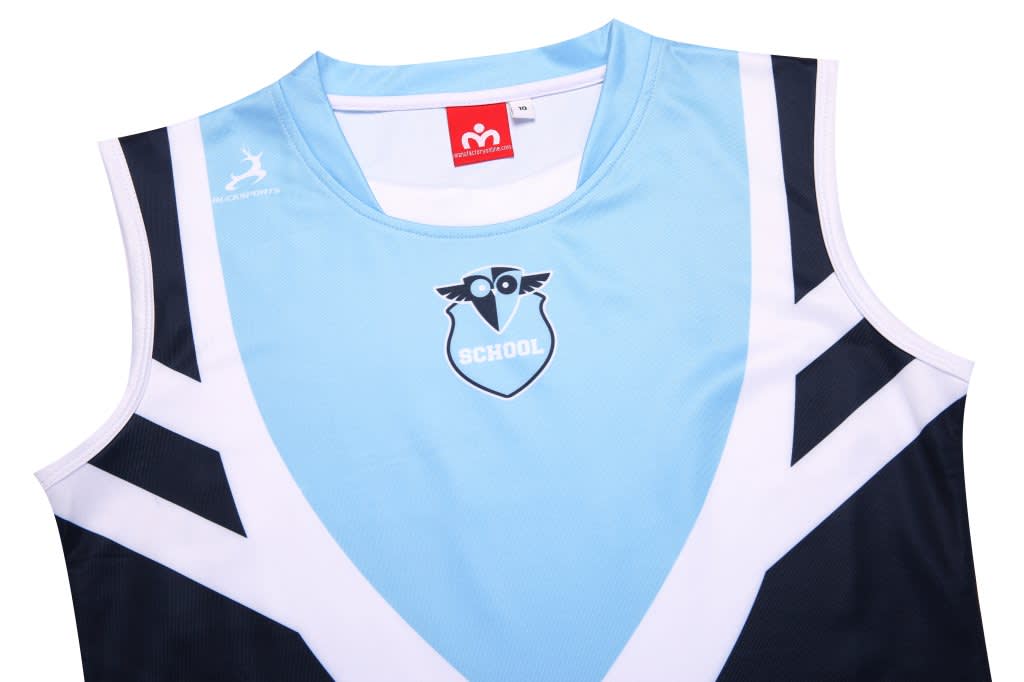 A lightweight sports vest in light blue and black, featuring a logo and a sleeveless design.