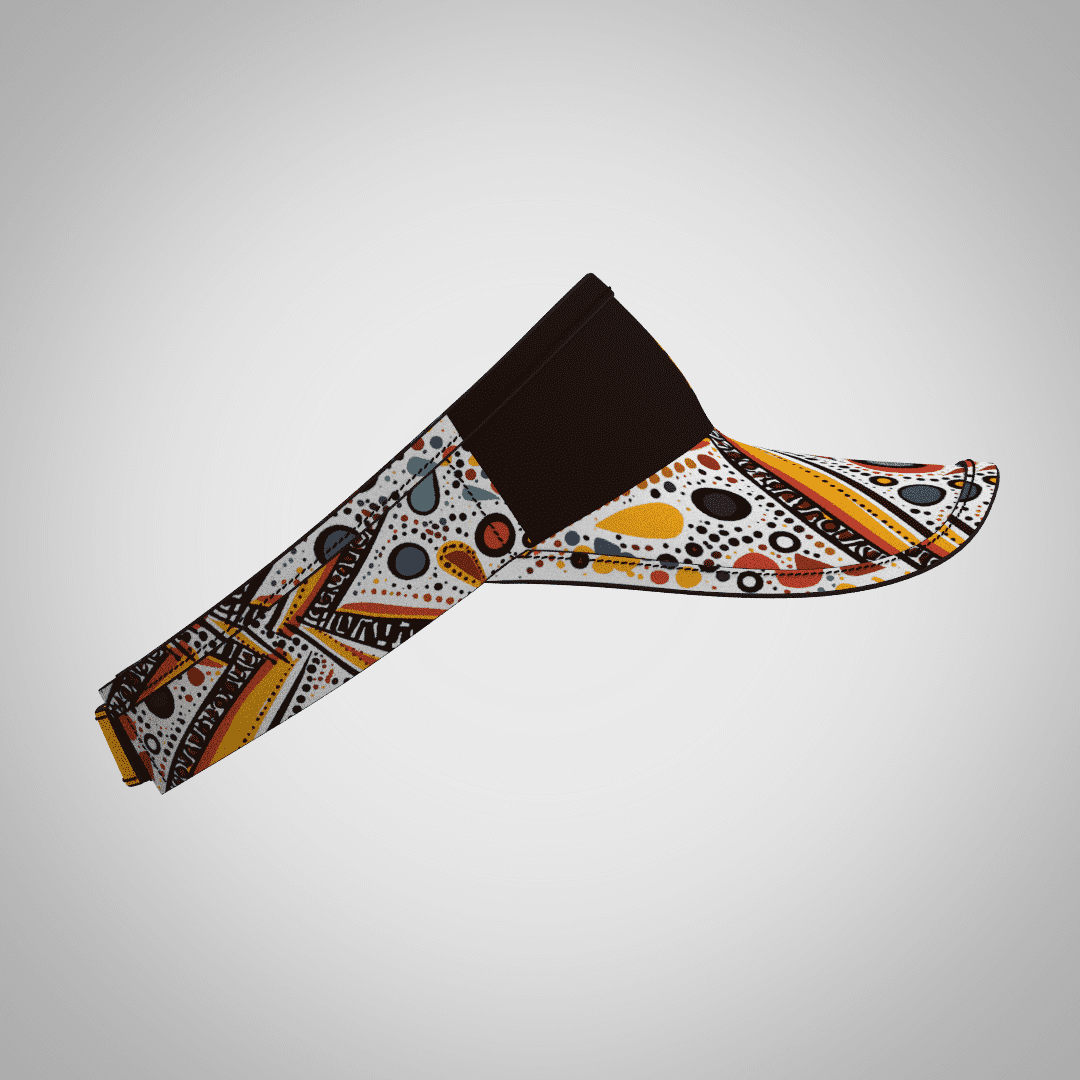 A sublimated sport visor featuring a vibrant pattern in black, orange, and white, with a solid black band and branding.