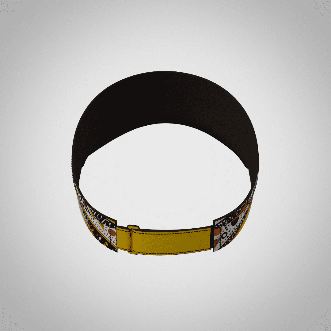 A sublimated sport visor featuring a colourful printed front and a black interior, secured with an adjustable strap.