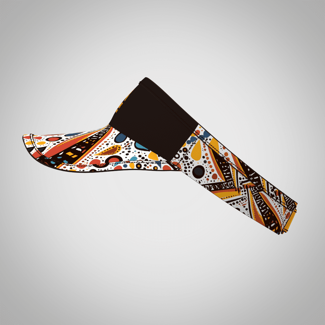 A sublimated sport visor featuring a vibrant patterned design in various colours with a solid black band.