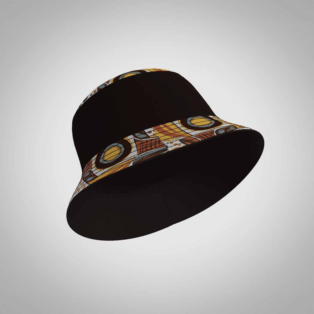 A black bucket hat featuring a vibrant patterned brim and a logo.