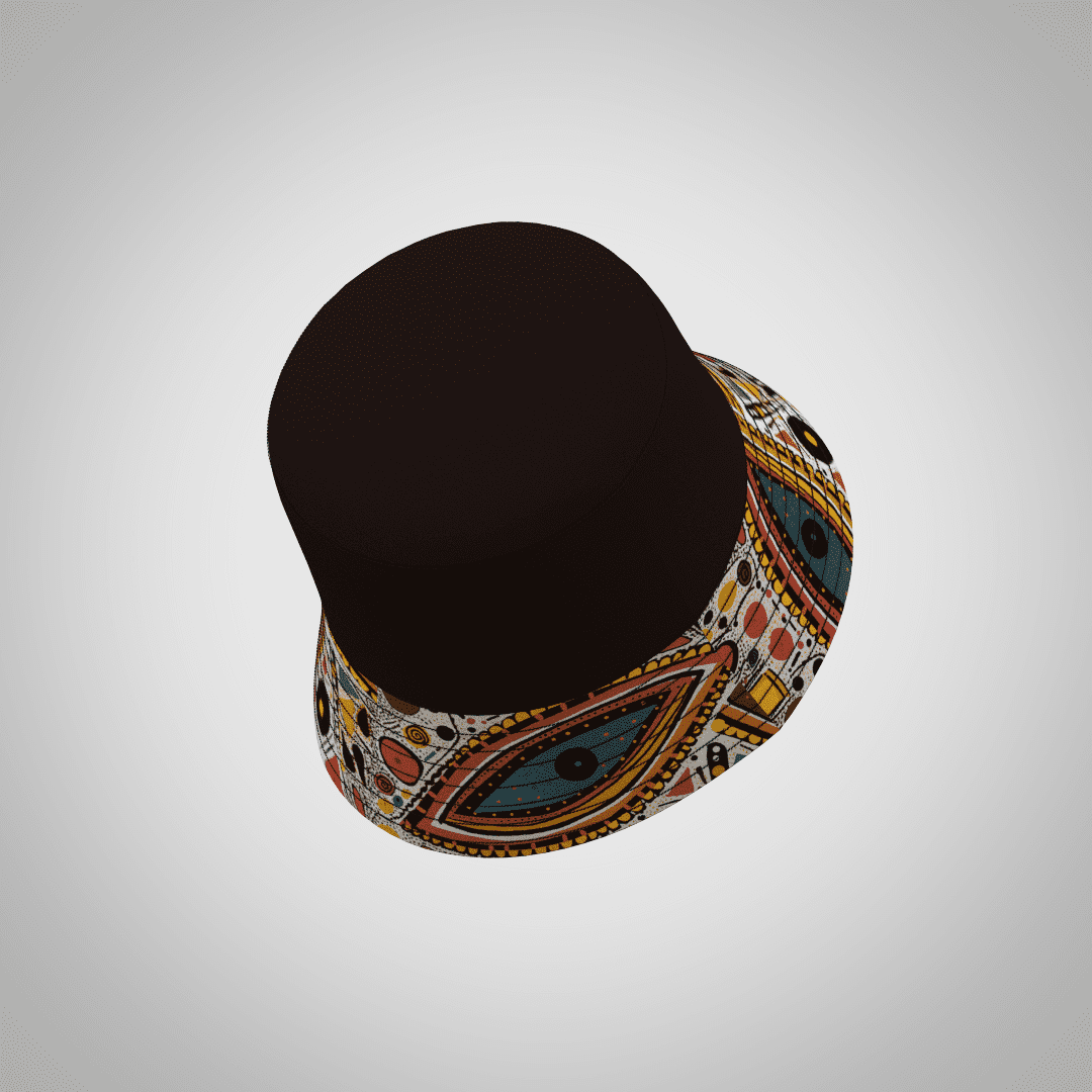 A reversible bucket hat featuring a dark top and a patterned brim in earthy tones with various designs.