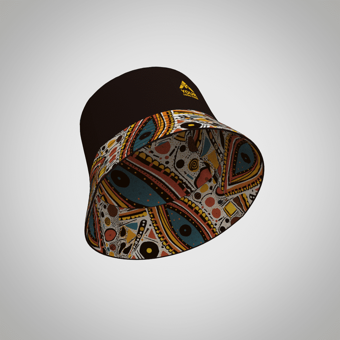 A reversible bucket hat featuring a black exterior and a patterned inner lining with vibrant colours and designs. Includes branding.