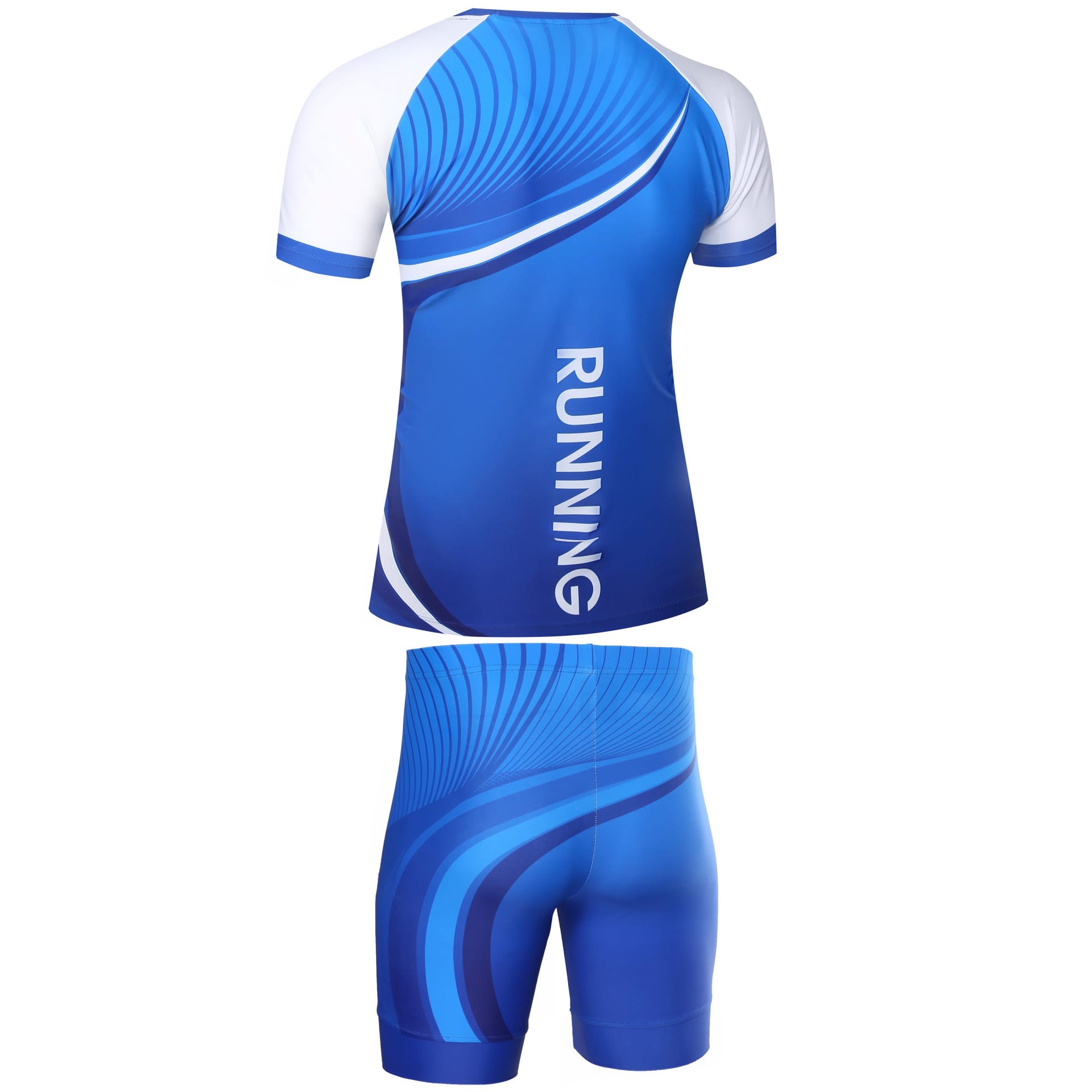 A blue and white athletic uniform tight featuring short sleeves and a fitted design, with a logo present.