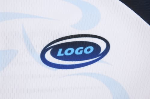 A close-up of a fabric showing a logo in a circular design, featuring shades of blue and white.