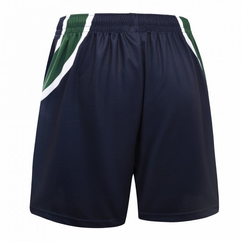 A pair of navy shorts with green and white detailing, featuring an elastic waistband and a logo.