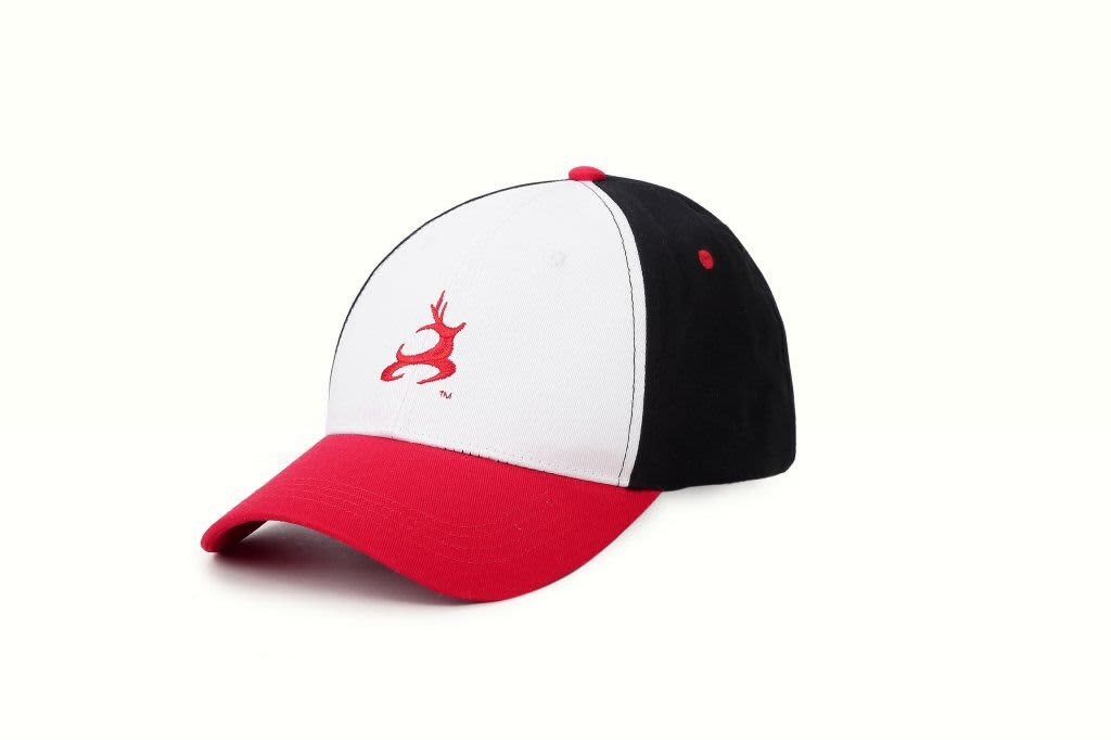 A red, white, and black sublimated sport cap with a logo on the front.