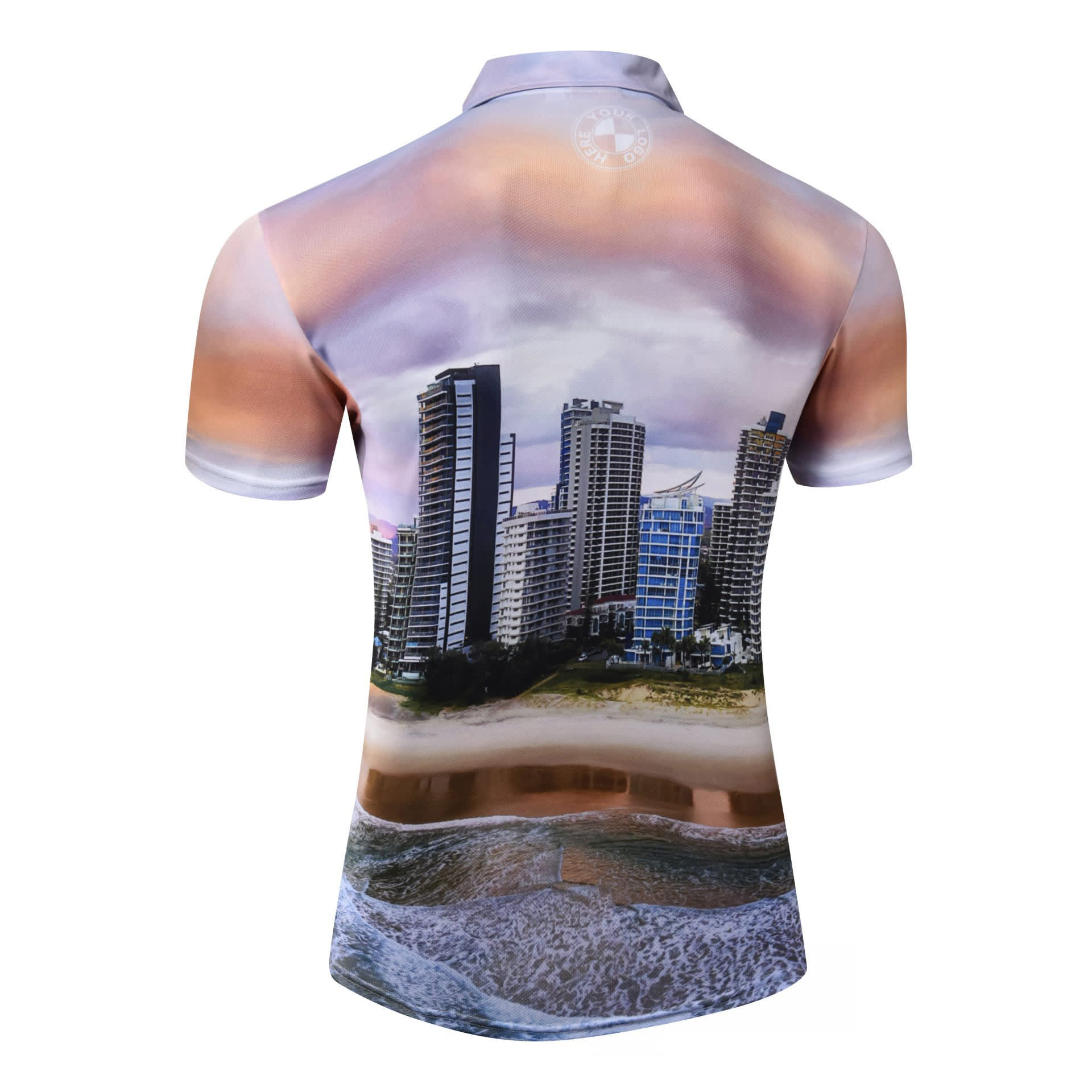 A short-sleeved polo shirt featuring a sunset beach scene with a skyline design, primarily in shades of brown and blue.