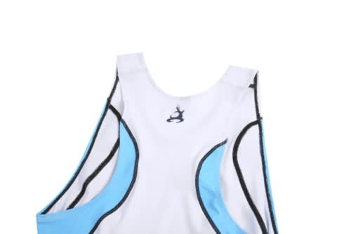A white and light blue rowing uniform suit with black accents and a logo on the front.