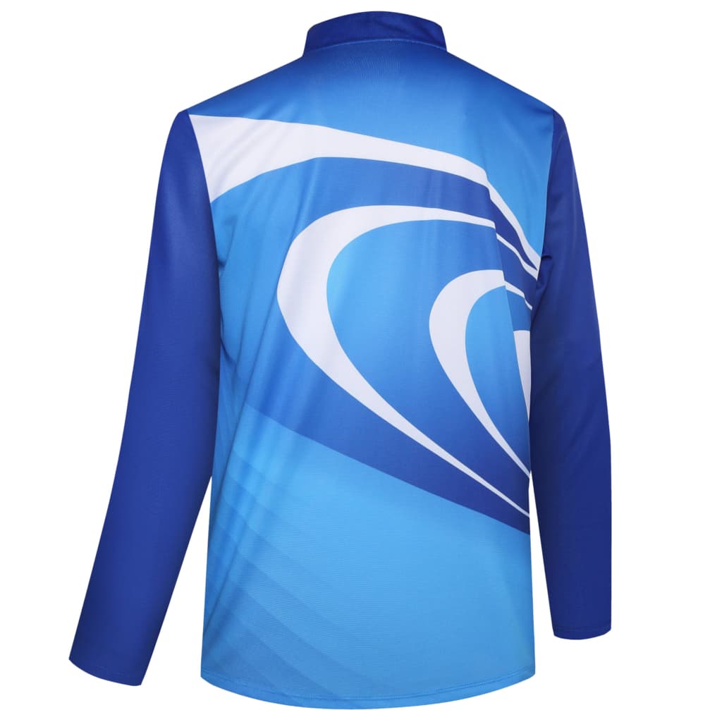 A long-sleeved lawn bowling uniform in blue, featuring a dynamic abstract design in lighter blue tones. It has a logo.