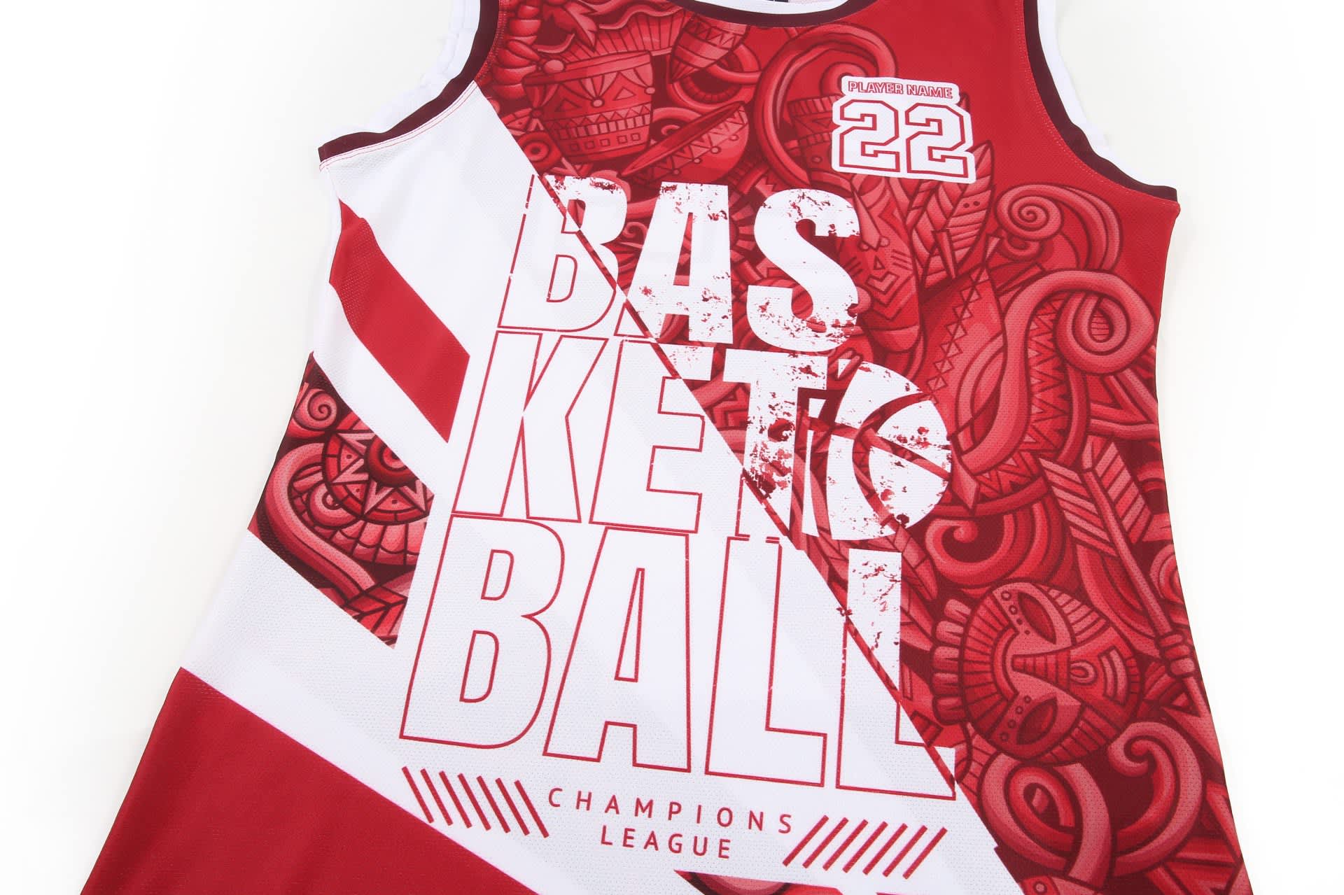 A red and white women's basketball singlet featuring a graphic design and a logo.
