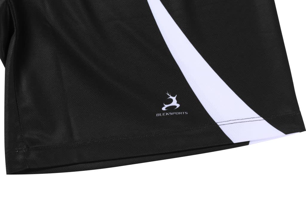 Black basketball shorts with a white design and a logo at the hem.