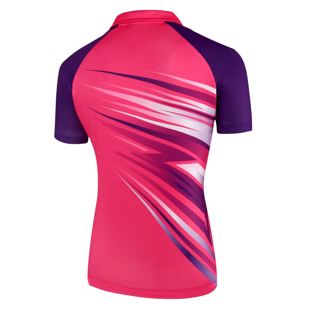 A pink and purple women's polo shirt featuring dynamic abstract patterns and a collar. It has a logo present.