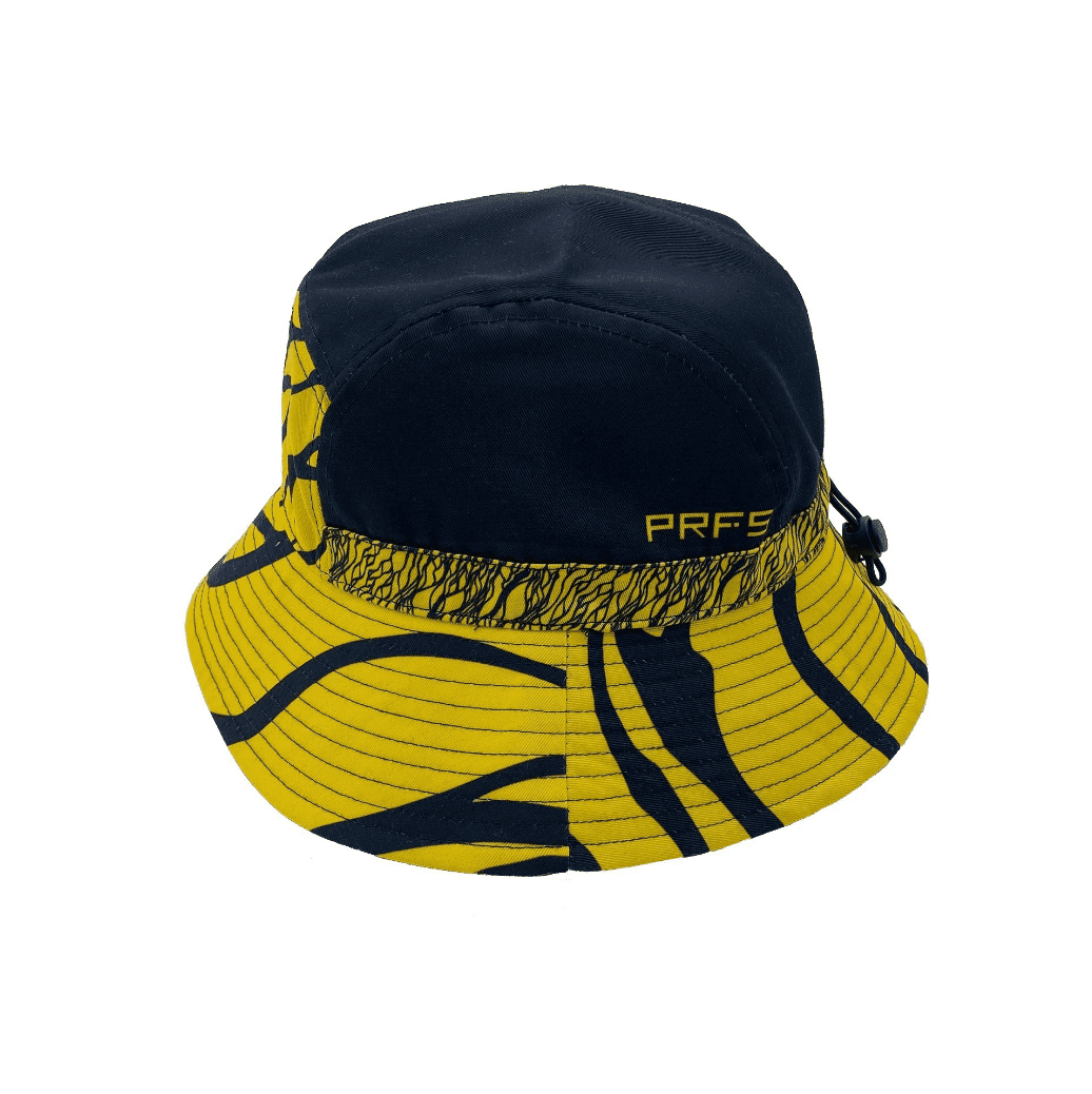 A navy and yellow bucket cap featuring an abstract design and a logo. Suitable for sporting activities.