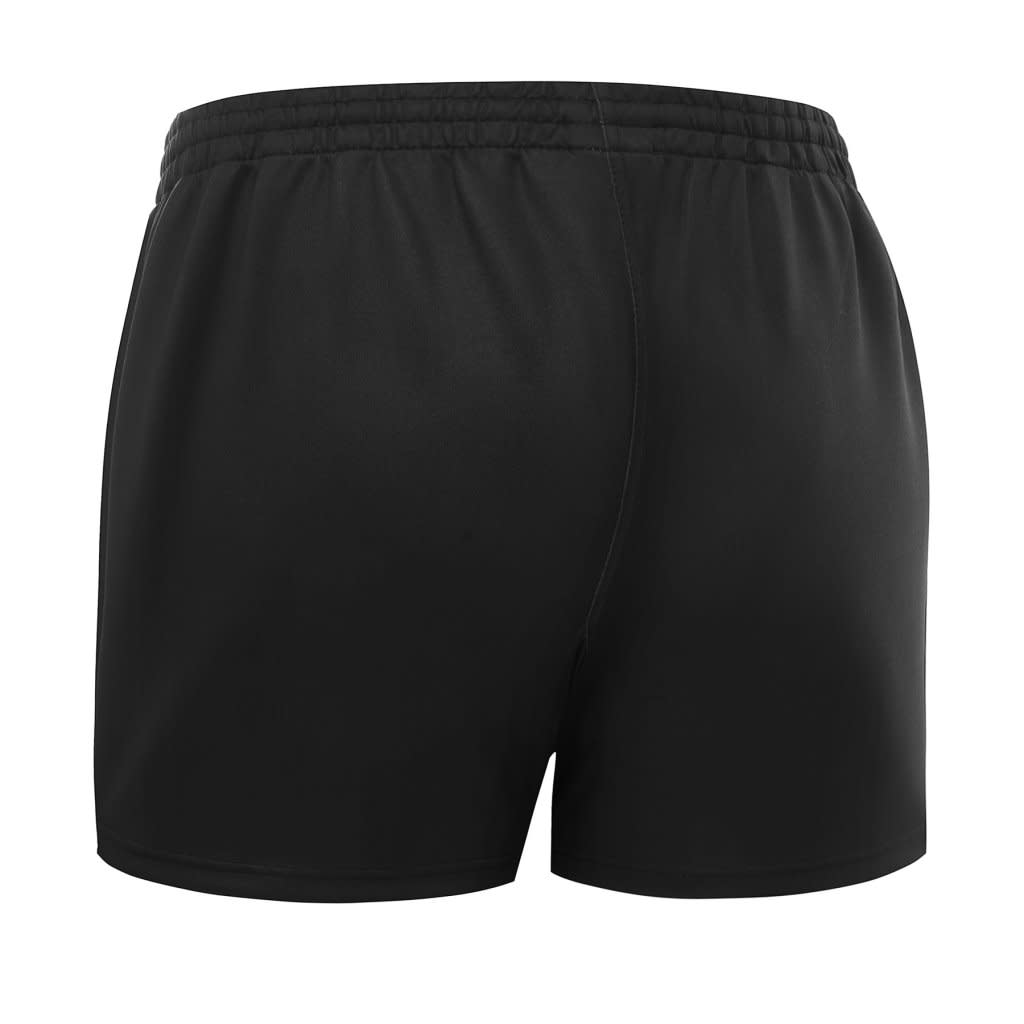 A pair of black rugby shorts featuring a gusset crotch design and an elastic waistband.