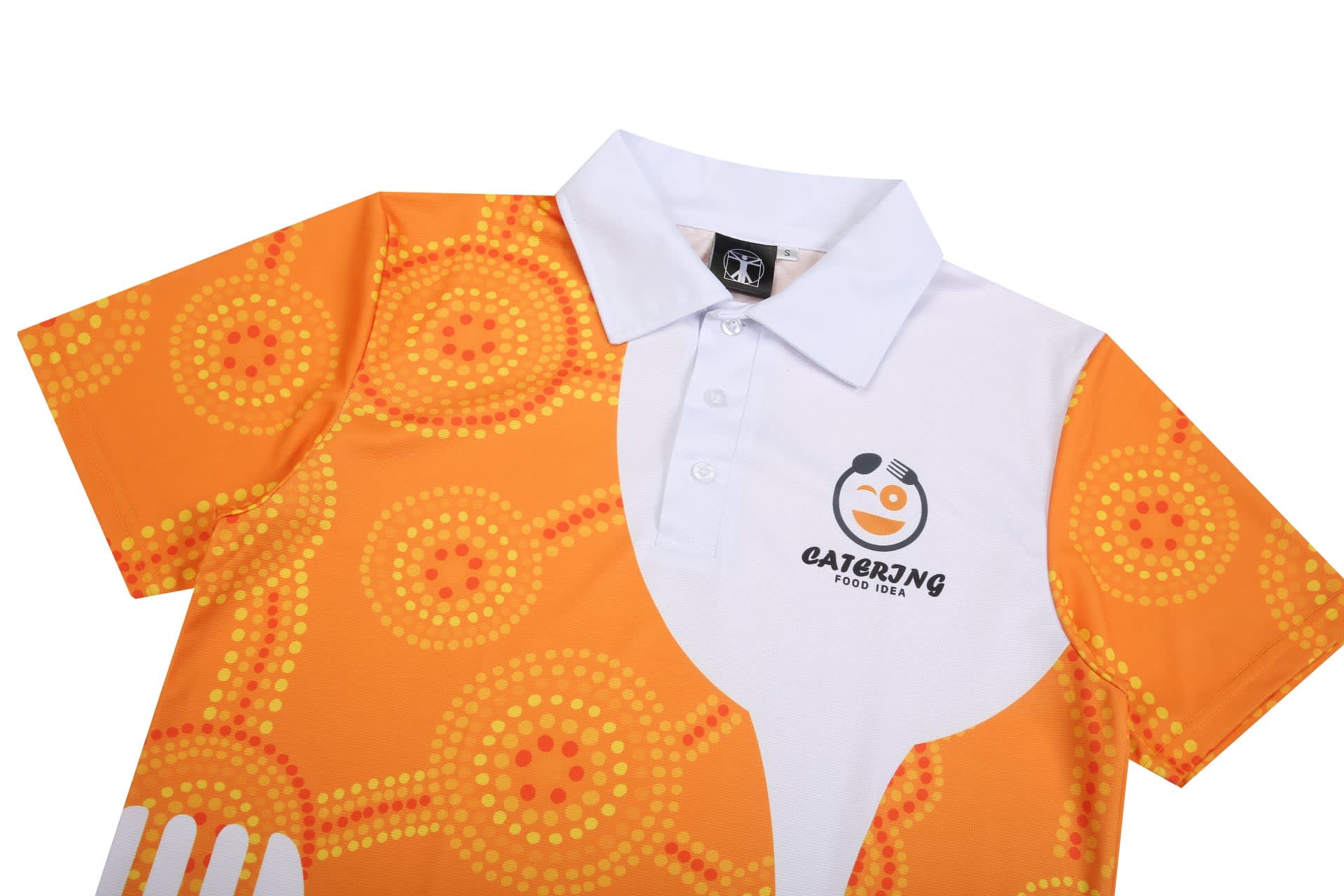 A vibrant orange and white polo shirt featuring circular patterns and a logo.