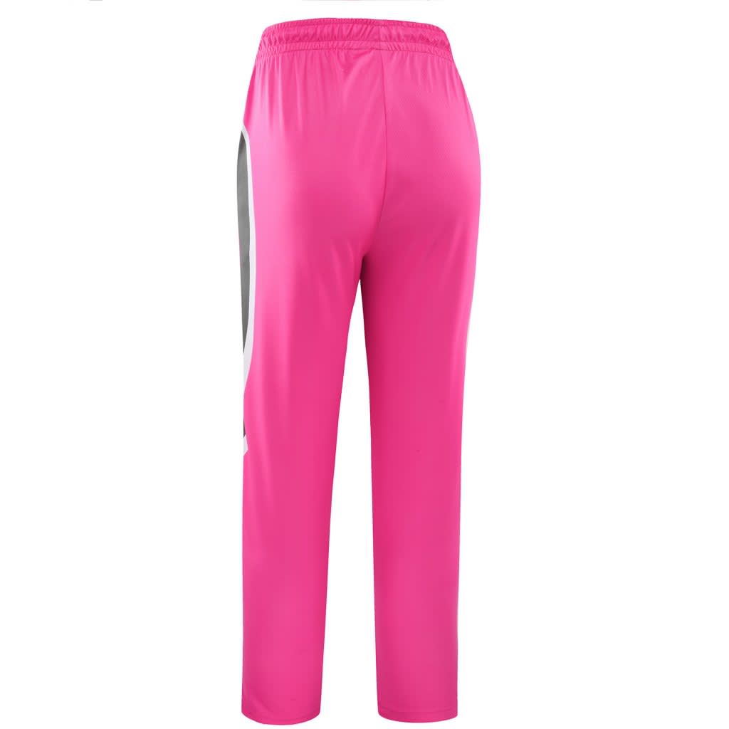 Pink sports pants with a grey side panel and elastic waistband, featuring no visible logos.