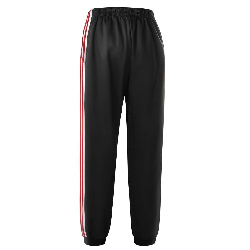 Black training pants with red side stripes and an elastic waistband, featuring a logo.
