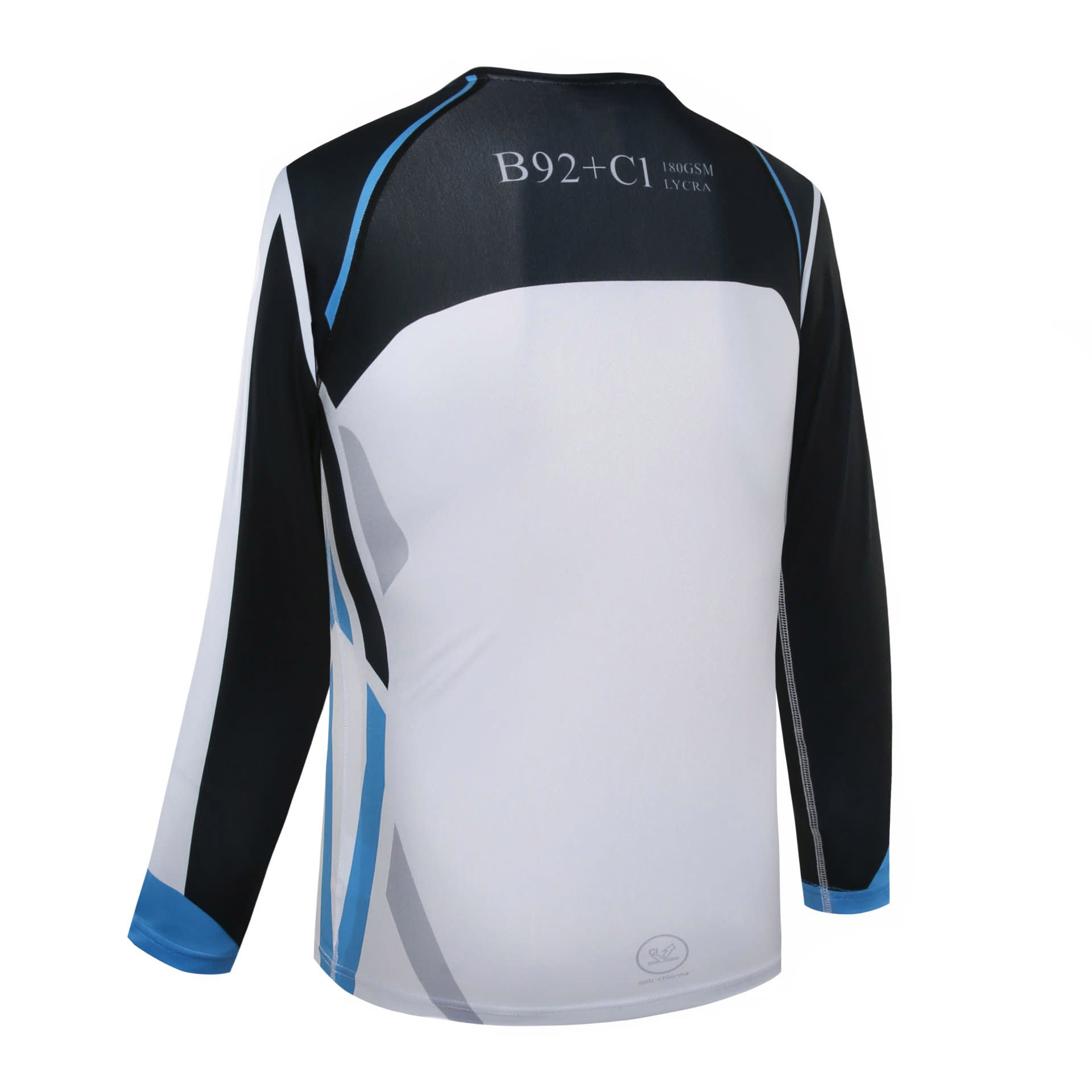 A long-sleeved swimwear top in white, black, and blue, featuring a logo on the back.