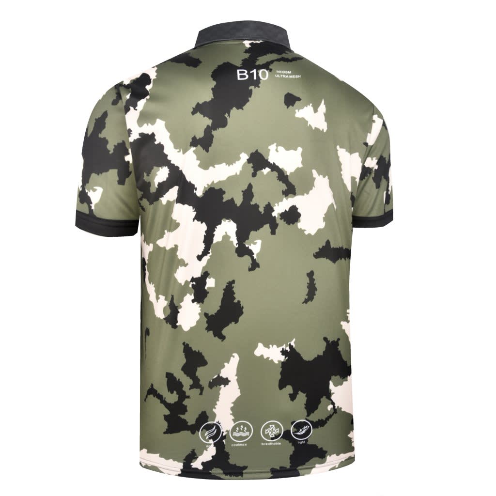A camouflage polo shirt featuring green, black, and beige patterns, with a collar and a logo on the back.