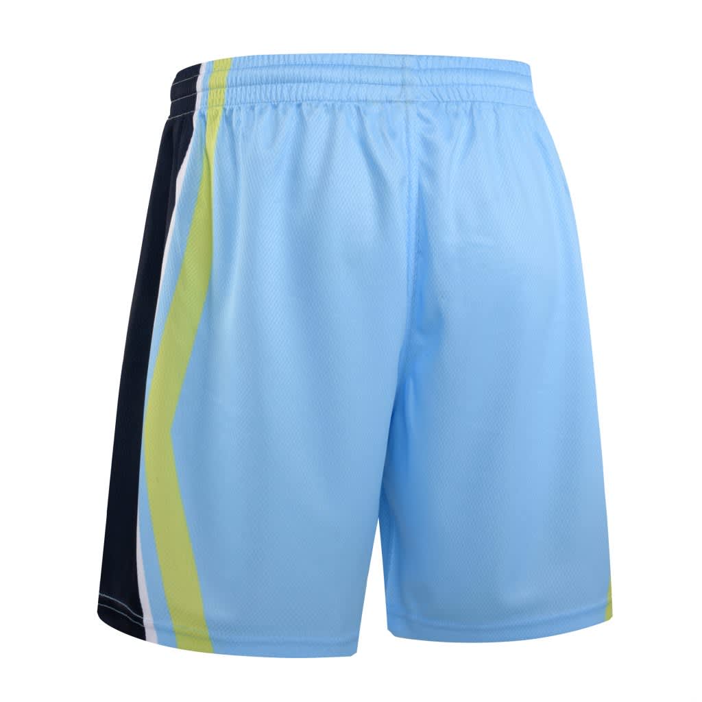 Sports shorts in light blue with black and lime green accents, featuring an elastic waistband and a logo.