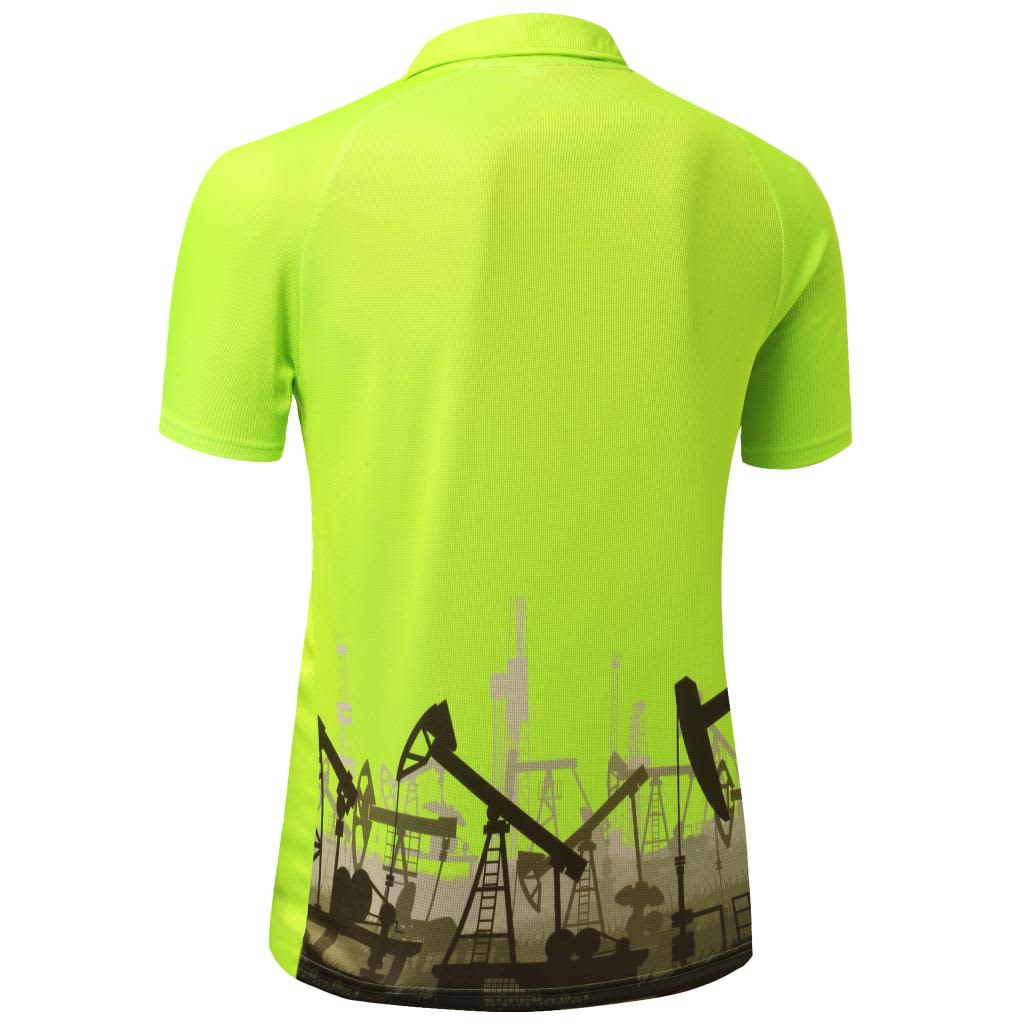 A bright lime green polo jersey featuring a silhouette design of oil rigs at the bottom. It includes a branding logo.