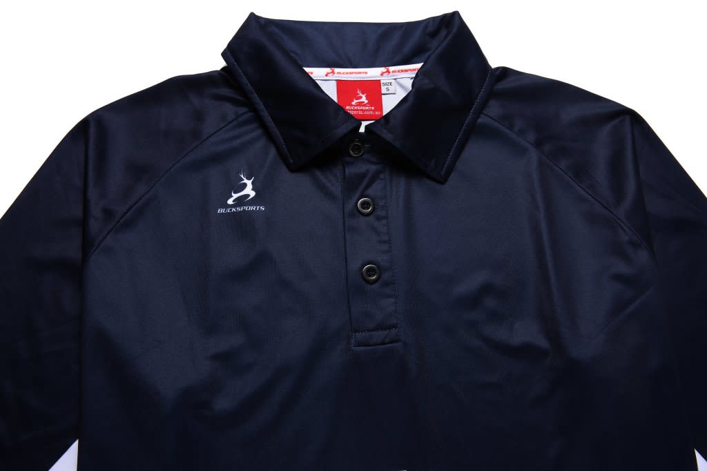 A navy blue polo shirt with a collar, featuring a logo and buttons at the front.
