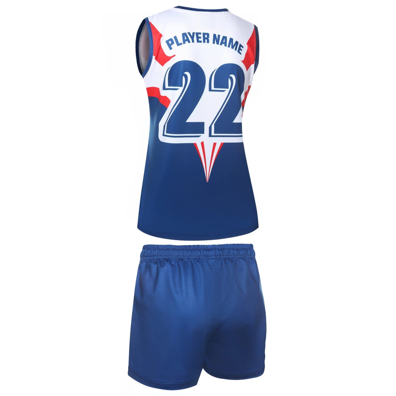 A navy blue sports uniform featuring a sleeveless top and shorts, with a logo and number 22.