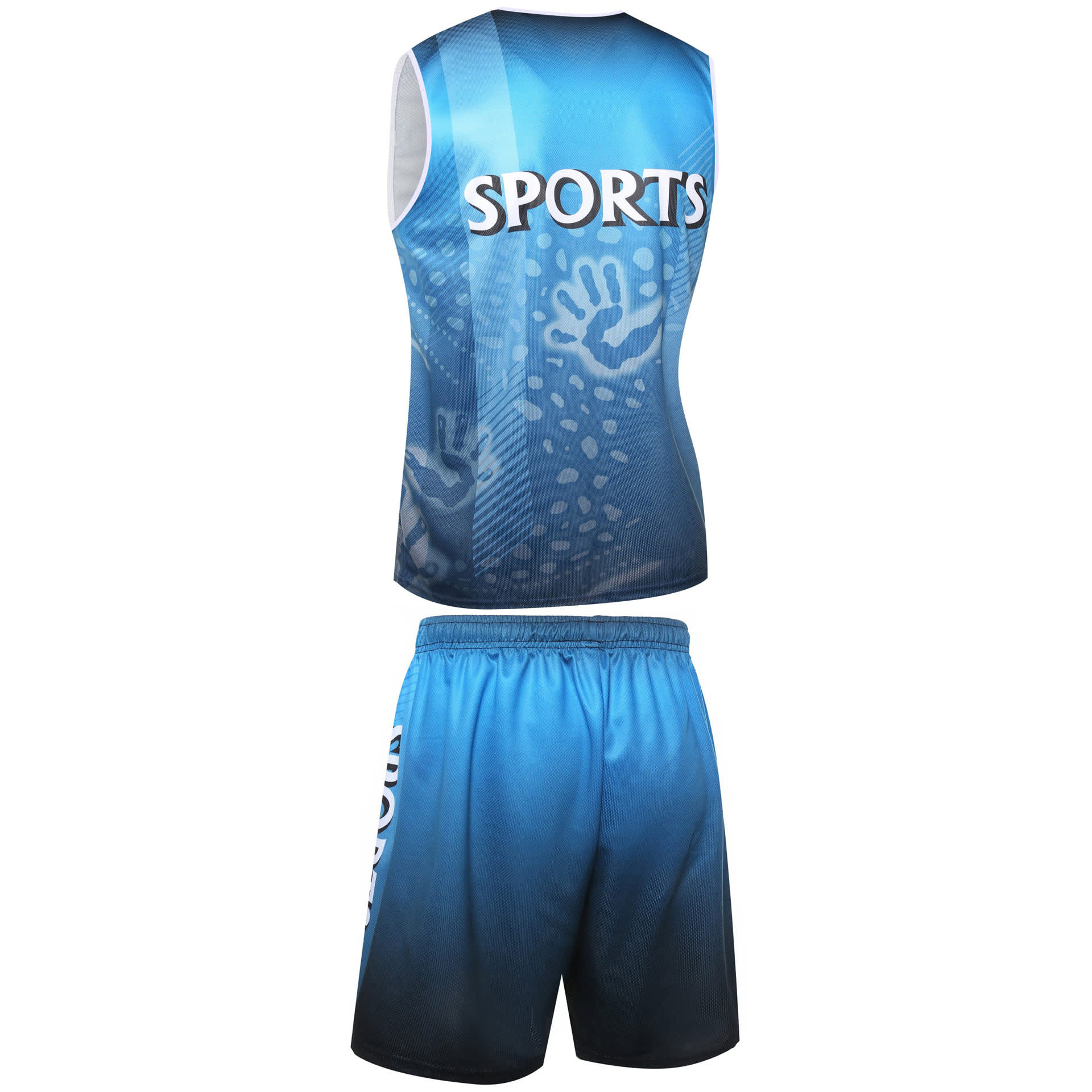A blue sports uniform featuring a sleeveless top and shorts, with a logo and abstract handprint design.