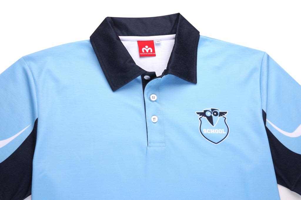 A light blue sublimated shirt with a black collar, featuring a logo on the front.
