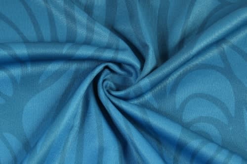 A blue fabric with a subtle patterned design, suitable for sports uniforms. The material has a smooth texture.