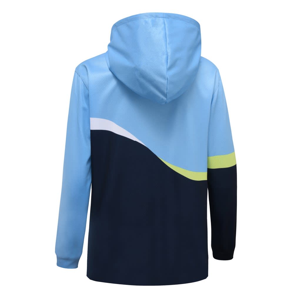 A women's hoodie in light blue with navy and green accents, featuring a hood and a logo.