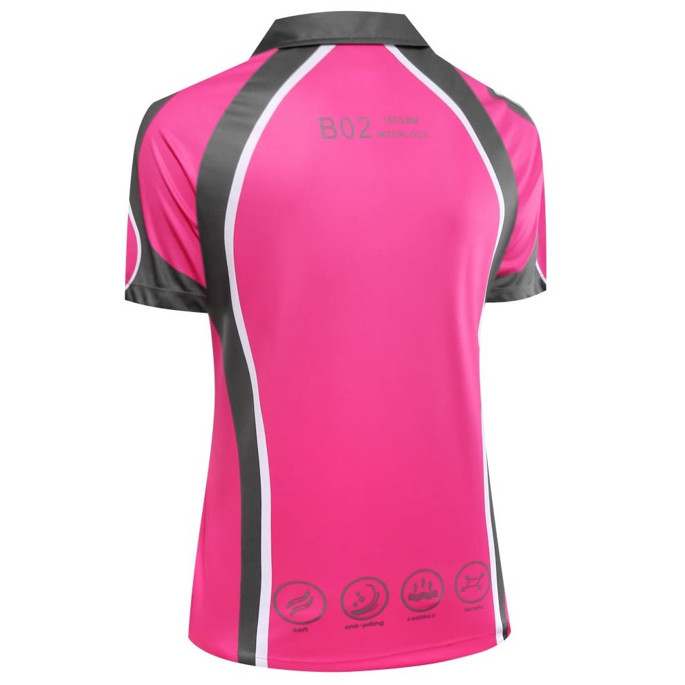 A pink sublimated polo shirt featuring contrasting grey accents and a logo on the back.
