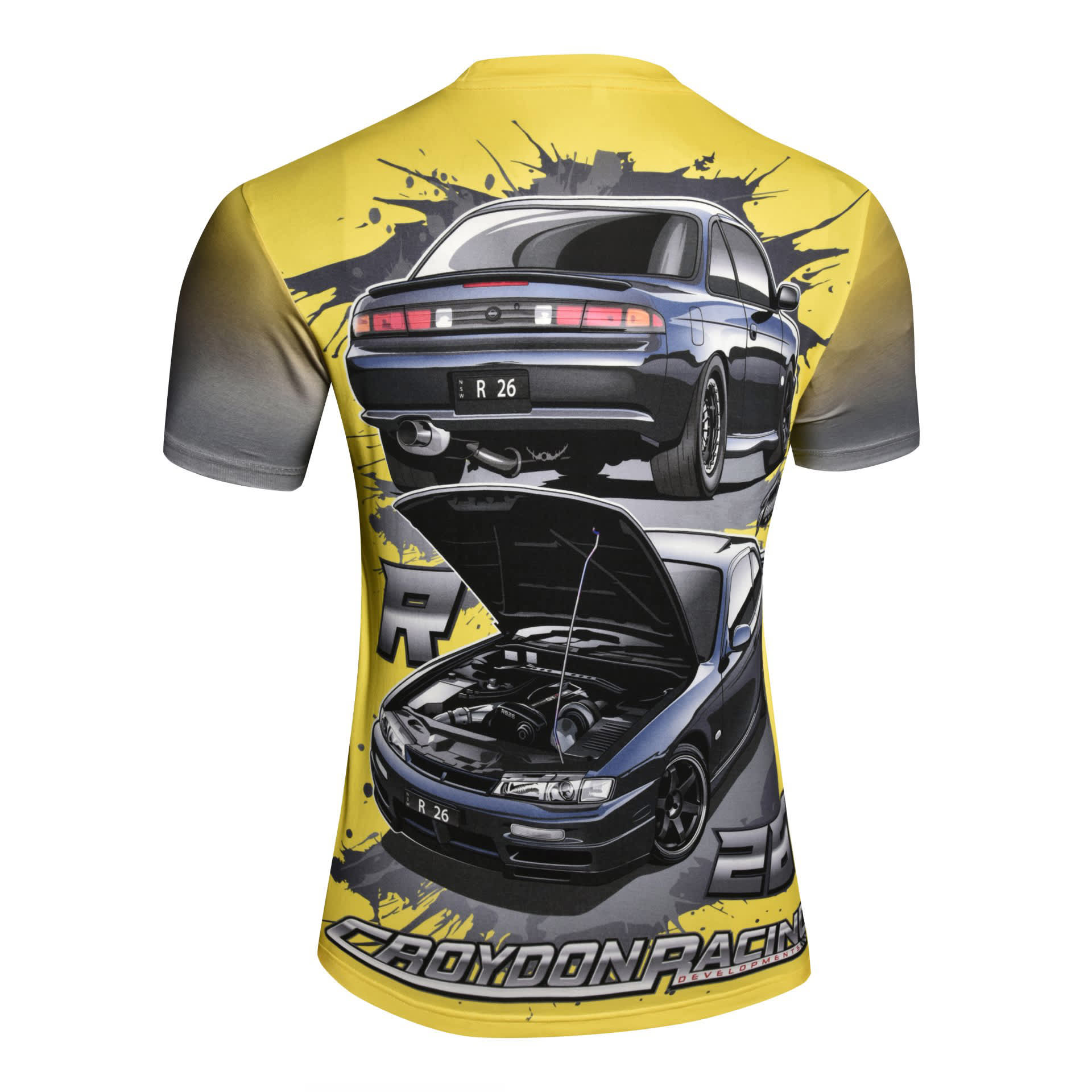 A fitted, short-sleeved tee in yellow featuring graphic prints of cars and an engine on the back. It has a logo.