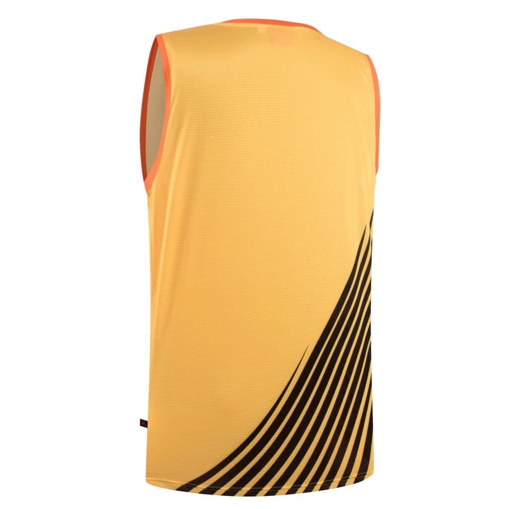 A sleeveless singlet in yellow with black wave patterns and orange accents, featuring a logo on the back.