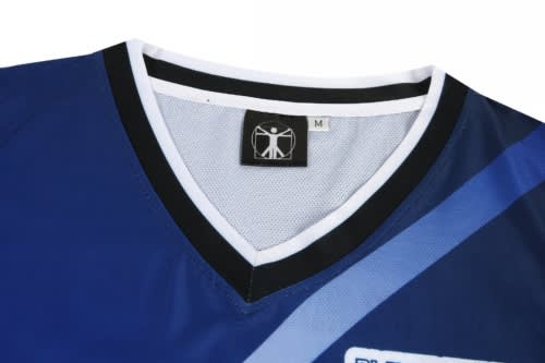 A blue basketball jersey featuring a V-neck design and a logo on the neckline.