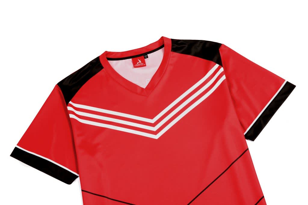 A red sports shirt featuring black accents and white stripes, with a v-neck design and a logo.