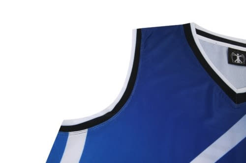 A blue basketball jersey with white accents and a logo, featuring a sleeveless design.