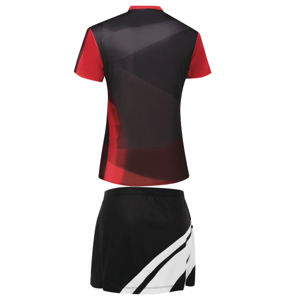 A sports uniform featuring a red and black jersey with a black skirt, includes a logo on the design.