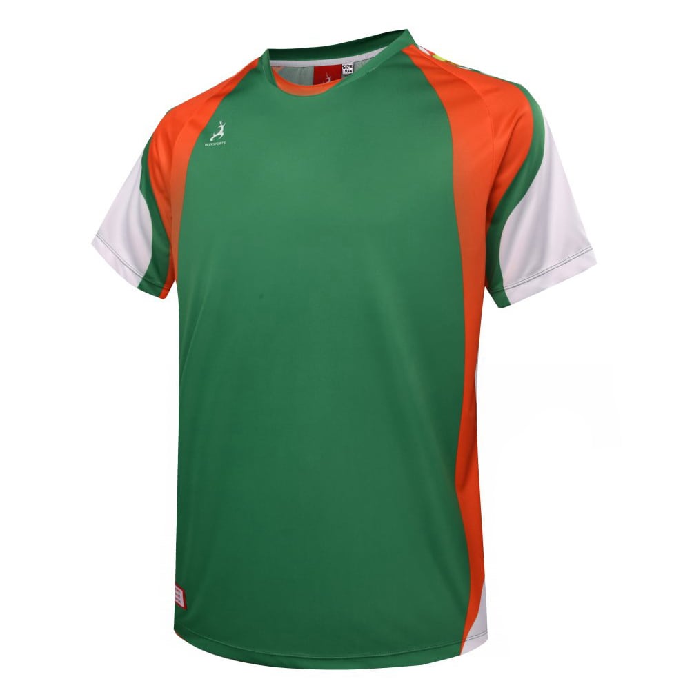 A green and orange sports T-shirt with white accents and a logo on the front.