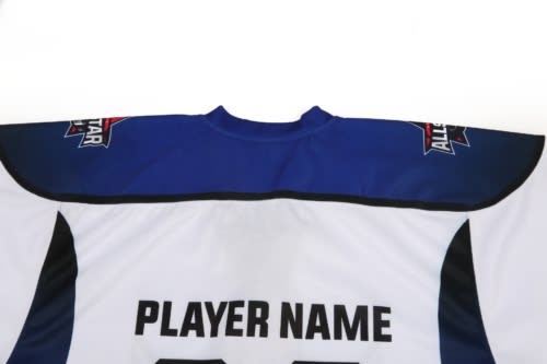 A blue and white ice hockey jersey featuring a logo and space for player name and number on the back.