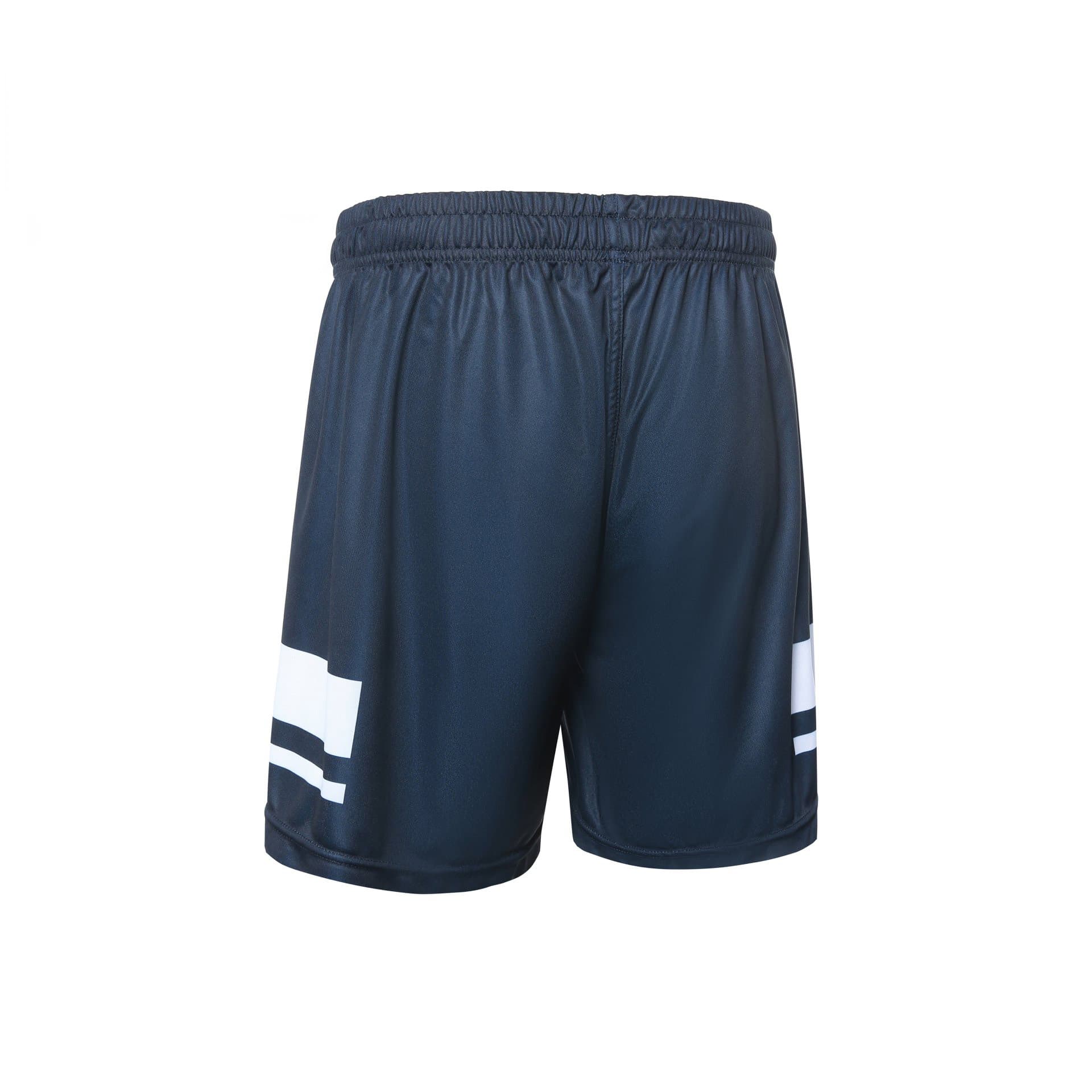 Dark navy volleyball uniform shorts with a logo, featuring white stripes on the sides.