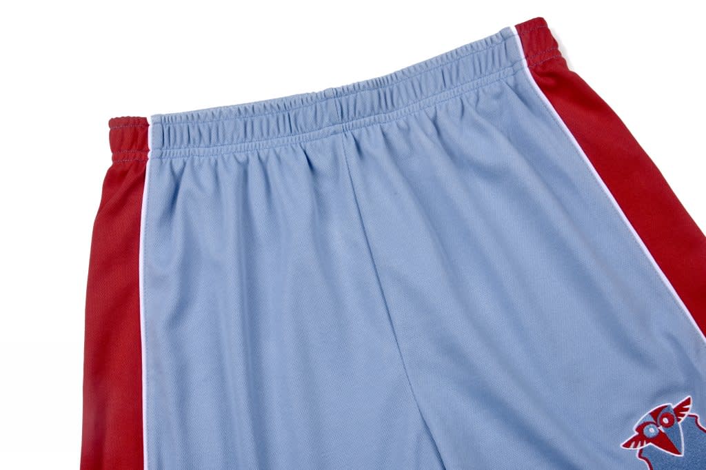 Cotton back school shorts in light blue with red side panels and a logo on the bottom.