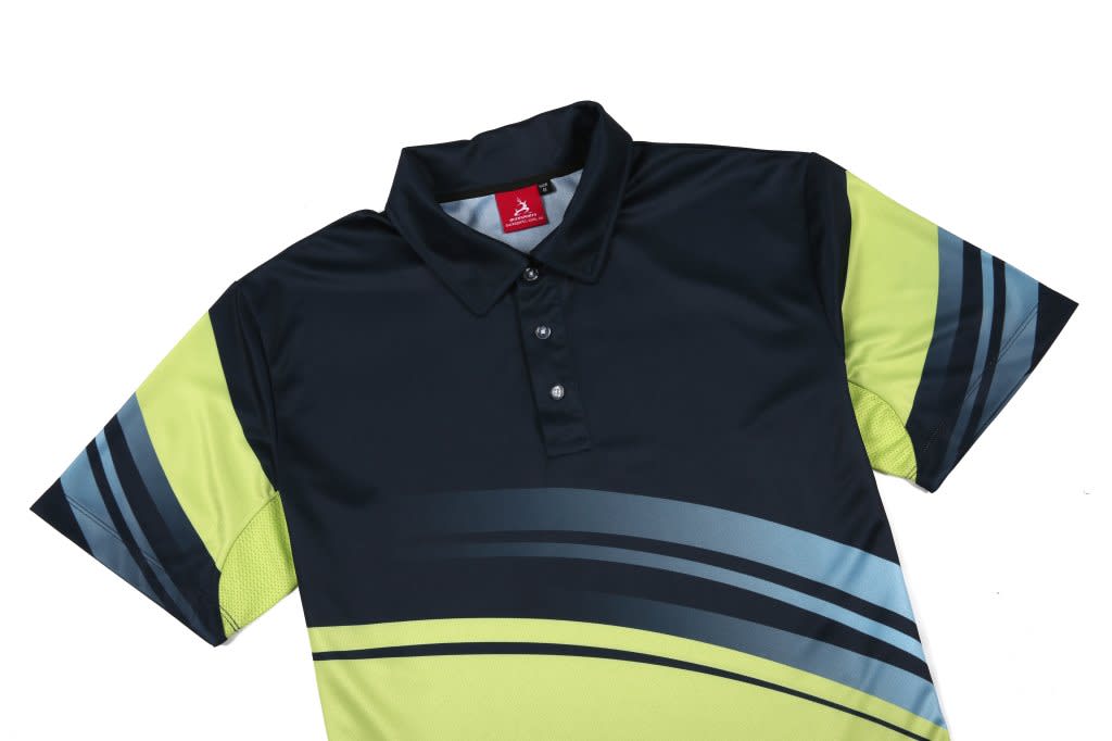 A black and lime green polo shirt with a striped design and a collar, featuring a branded tag.