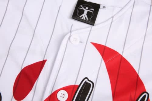 A white baseball uniform with red accents and vertical pinstripes, featuring a logo on the collar.